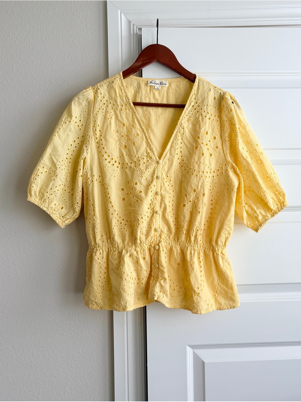 Indigo Rose Yellow Eyelet Embroidered Peplum Blouse Puff Sleeve L